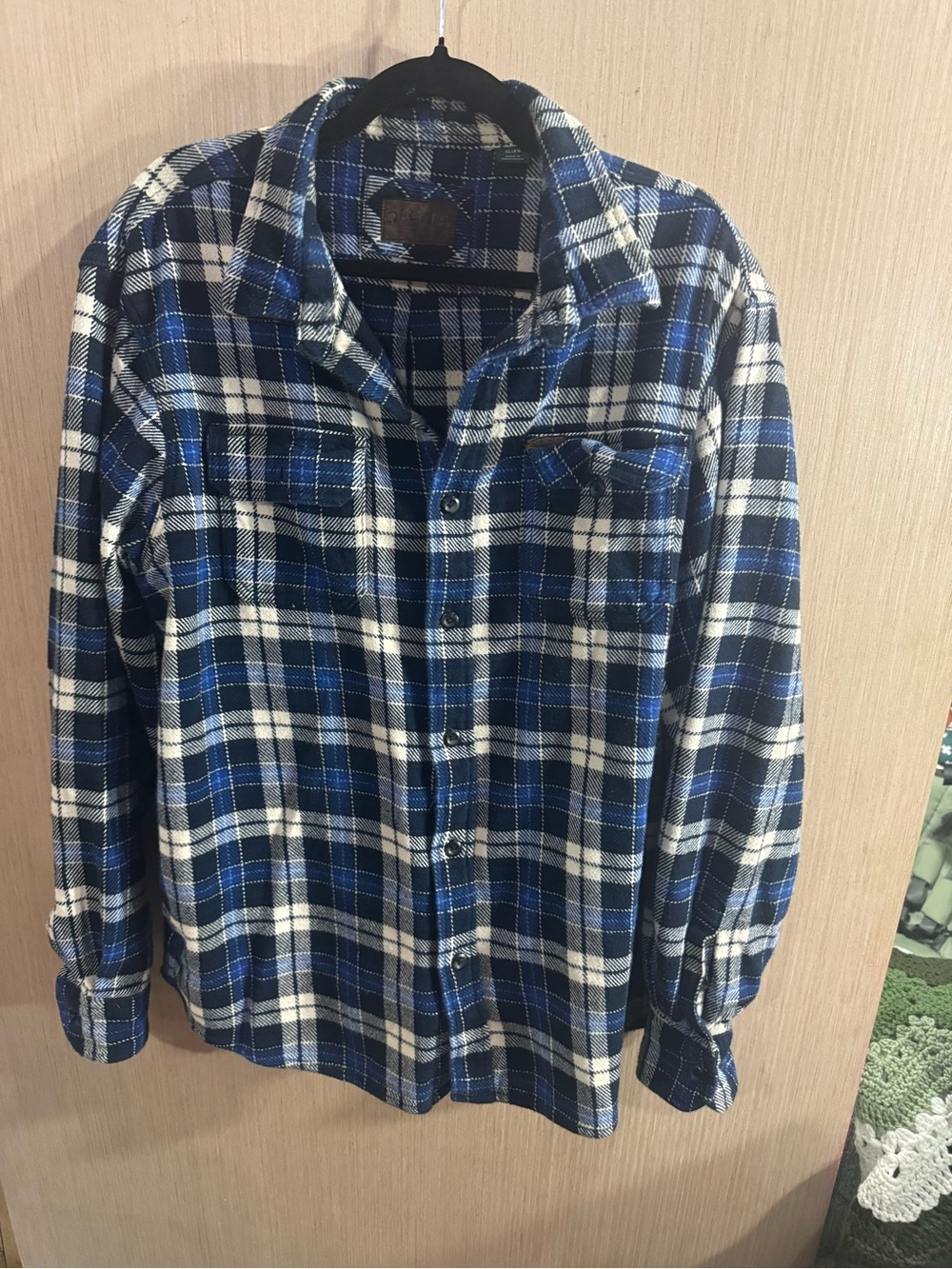 Men’s Orvis Cotton Blue and White Plaid Button-Down Heavyweight Shirt Size XL